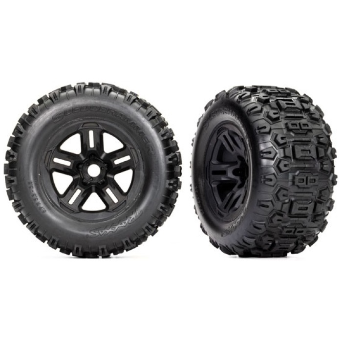 Tires Assembled Glued 3.8" Black Wheels Sledgehammer (2) Traxxas - Image 1