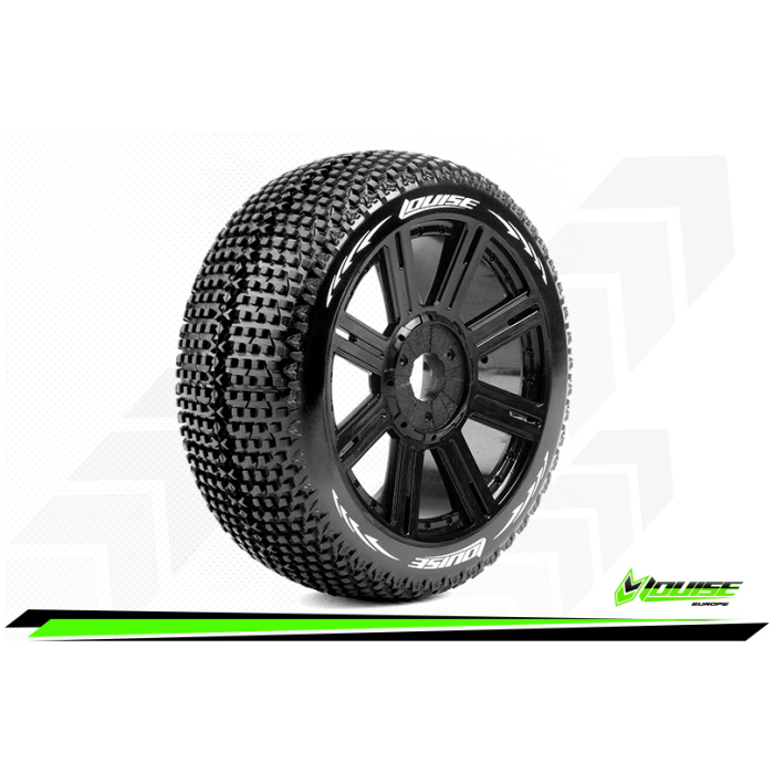 Pneus B-TURBO 1/8 Buggy Tire Set Mounted Super Soft Black Spoke Wheels Hex 17mm (2) Louise - Image 1