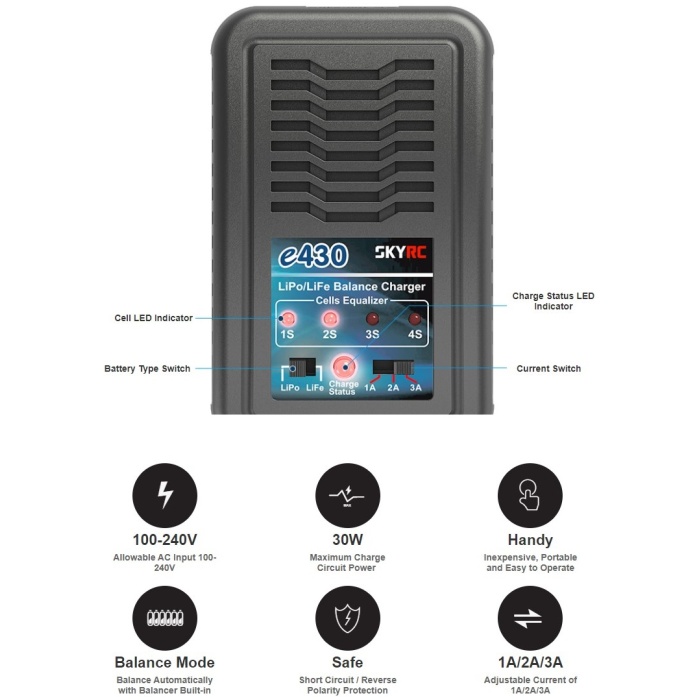 Carregador e430 AC LiPo Life 2-4S 1-3A 30W Charger SkyRC - Image 2