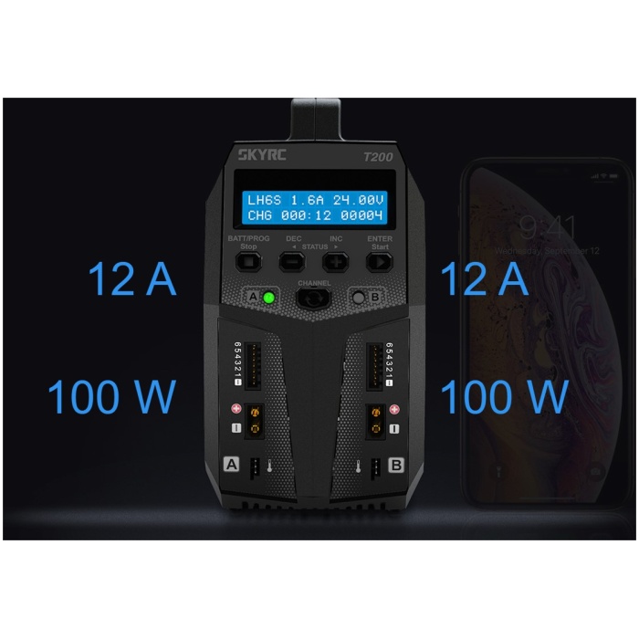 Carregador T200 AC/DC DUO LiPo 1-6S 12A 100W Charger SkyRC - Image 6