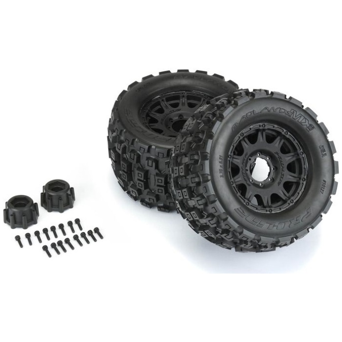 Pneus 1/8 Badlands MX38 F/R 3.8" MT Tires Mounted 17mm Blk Raid (2) Pro-Line - Image 1