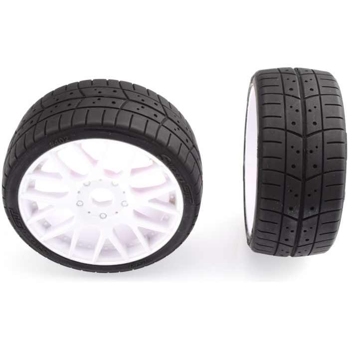 Pneus 1/8 EXP GT 40deg. Racing Treaded Glued Tires Belt Evo16 White Wheel (2) Sweep - Image 1