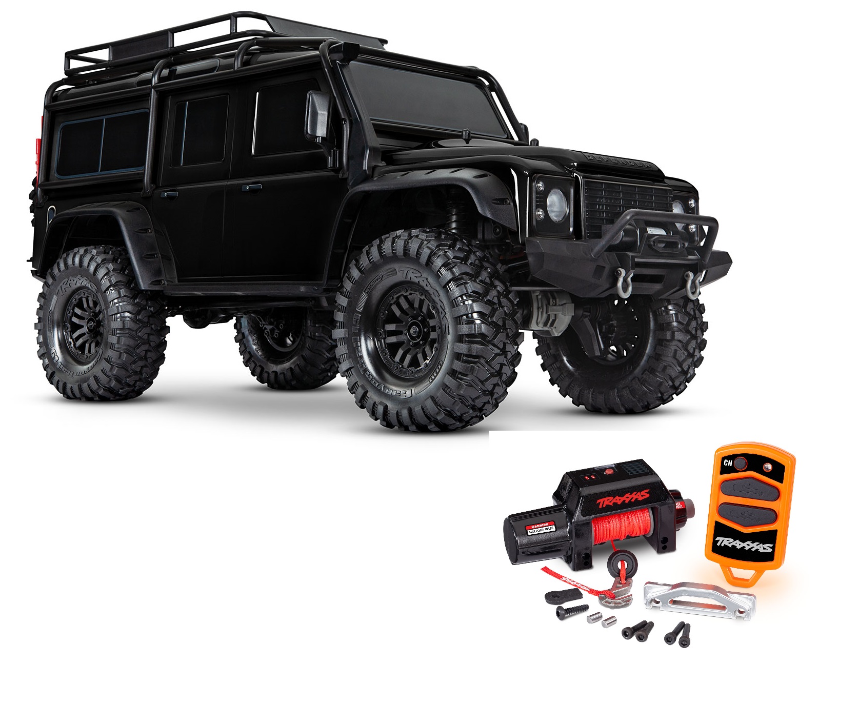 82056-84blk-trx4-defender-110-scale-and-trail-crawler-black-winch-and-remote-traxxas TRX4 Defender 1/10 Scale And Trail Crawler Black Winch and Remote Traxxas - Image 1