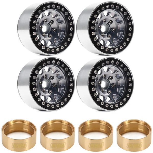 Jantes 1.9" Aluminum Alloy Beadlock Wheel Rims W/ Brass 94g 1/10 RC Crawler Black Silver (4) INJORA