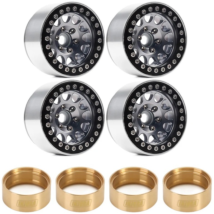 Jantes 1.9" Aluminum Alloy Beadlock Wheel Rims W/ Brass 94g 1/10 RC Crawler Black Silver (4) INJORA - Image 1