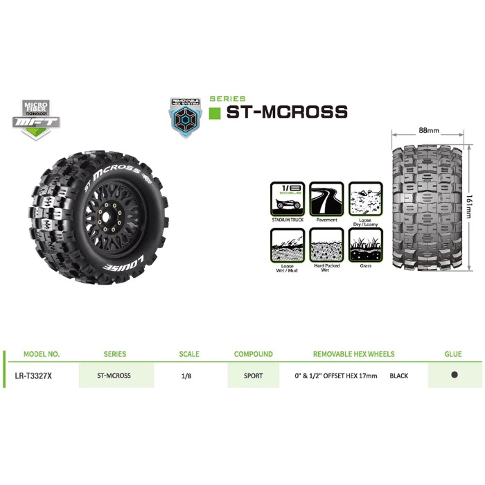 MFT ST-MCROSS 1/8 Stadium Truck Tire Sport Black Wheels Removable 0" 1/2" OFFSET HEX 17mm LOUISE - Image 2