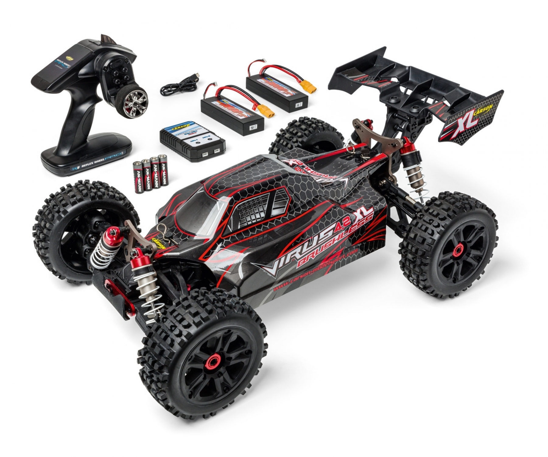 500409080-buggy-18-virus-4.2-4s-brushless-2.4ghz-100%-rtr-black-red-carson Buggy 1/8 Virus 4.2 4S Brushless 2.4Ghz 100% RTR Black Red Carson - Image 1